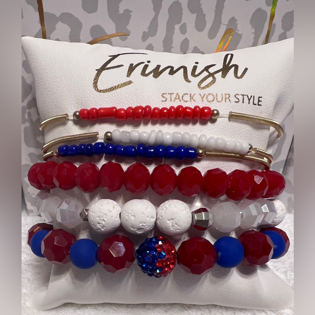Brand New Erimish Bracelets 6 Pc Stack - Red White Blue With Gold 26$